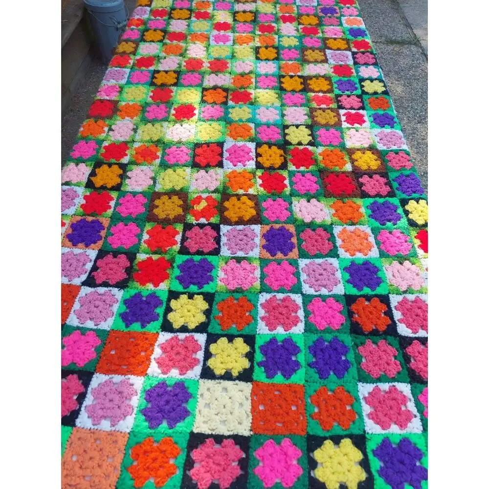 VTG Large Handmade Crochet Afghan Granny Square Blanket Hand Sewn Made Dopamine